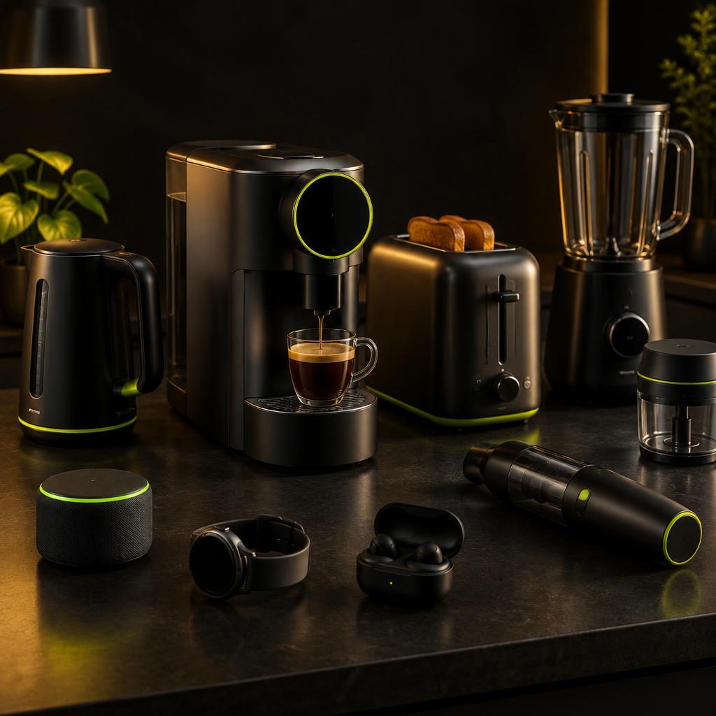 Coffee machine, kettle and small home appliances arranged on a dark countertop.