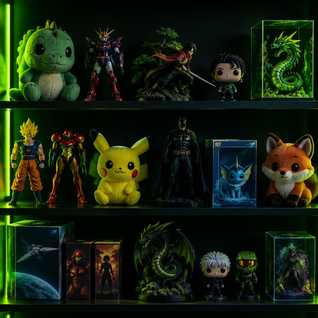 Shelves of action figures, plush toys and boxed collectibles lit by neon green light.